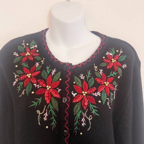 Vintage 90's Christmas Cardigan | Poinsettia Sequin Sweater | Beaded | S/M - Picture 5 of 10
